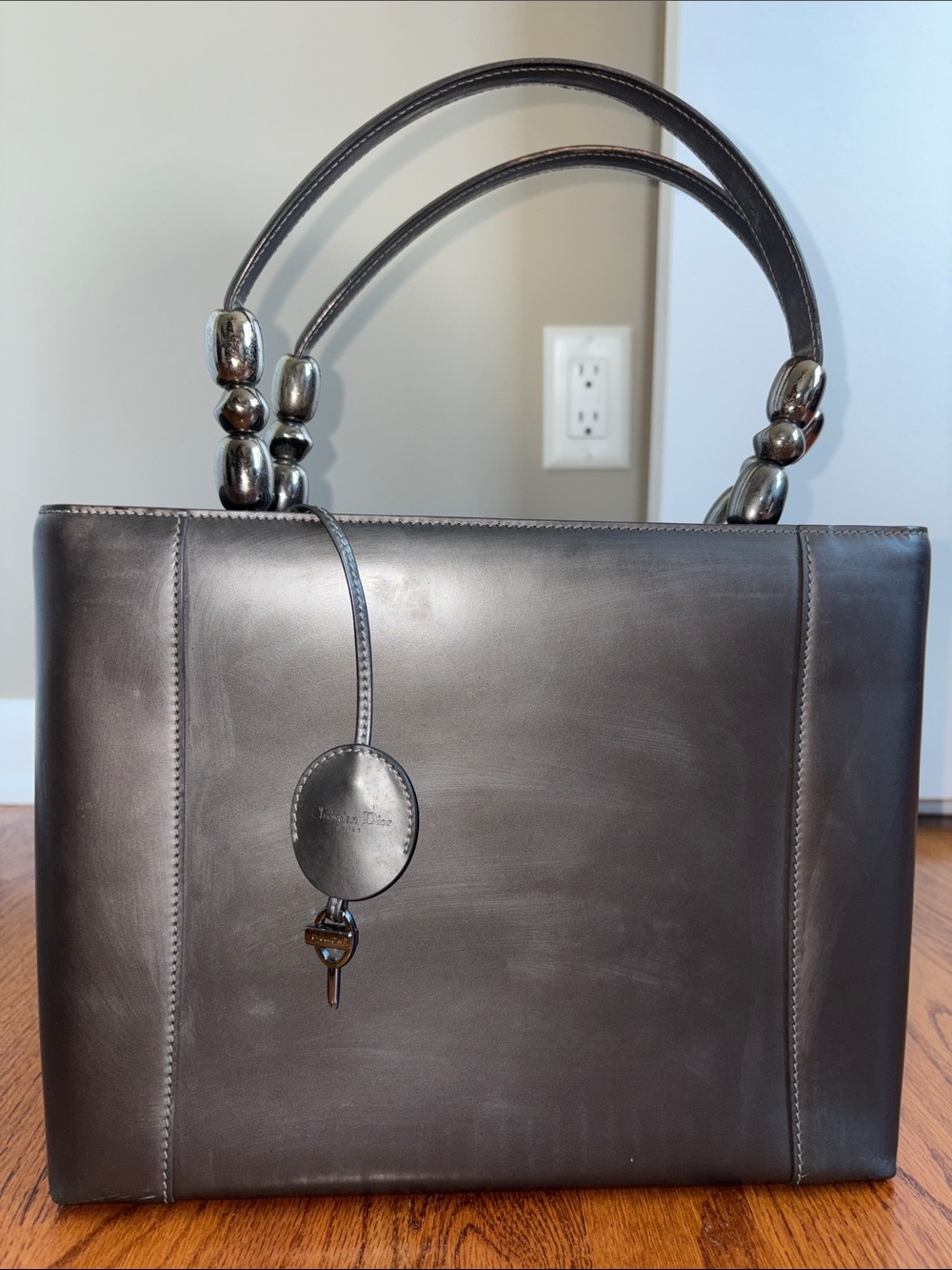 Christian Dior - vintage Gray Leather Tote Bag with Bead-Detail Handles